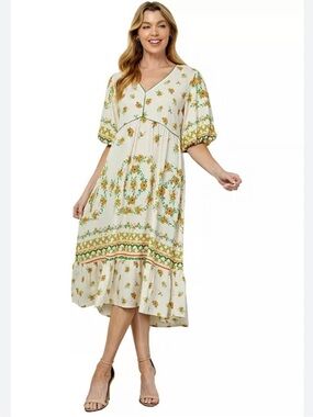 FIG + FLOWER Women Size L Cream Linen Blend Floral Puff Sleeve A-Line Midi Dress